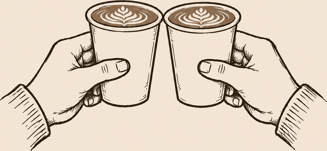 Two hands raising takeaway coffee cups in a toast